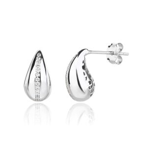 Silver drop-shaped earrings with white stones and a clasp