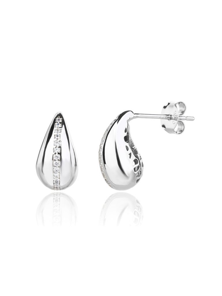 Silver drop-shaped earrings with white stones and a clasp