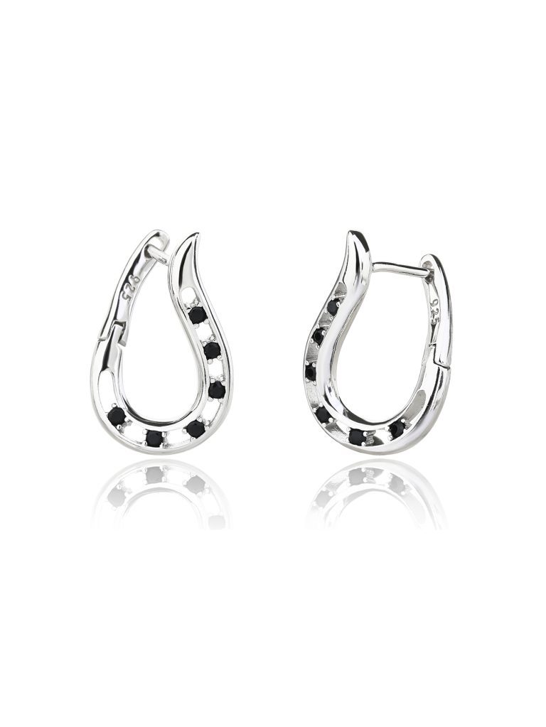 Curved, airy black-stone silver earrings