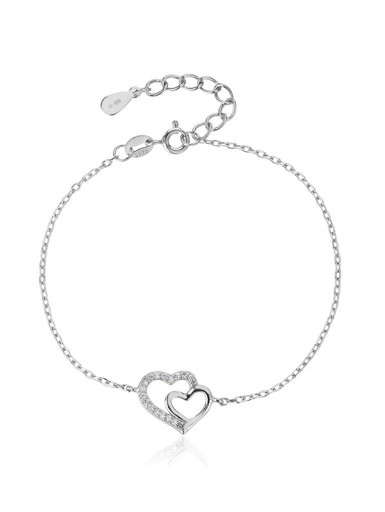 Double-Heart Pendant Bracelet with Zirconia Stones, AG 925 Rhodium-Plated Silver (15 + 3.5 cm)