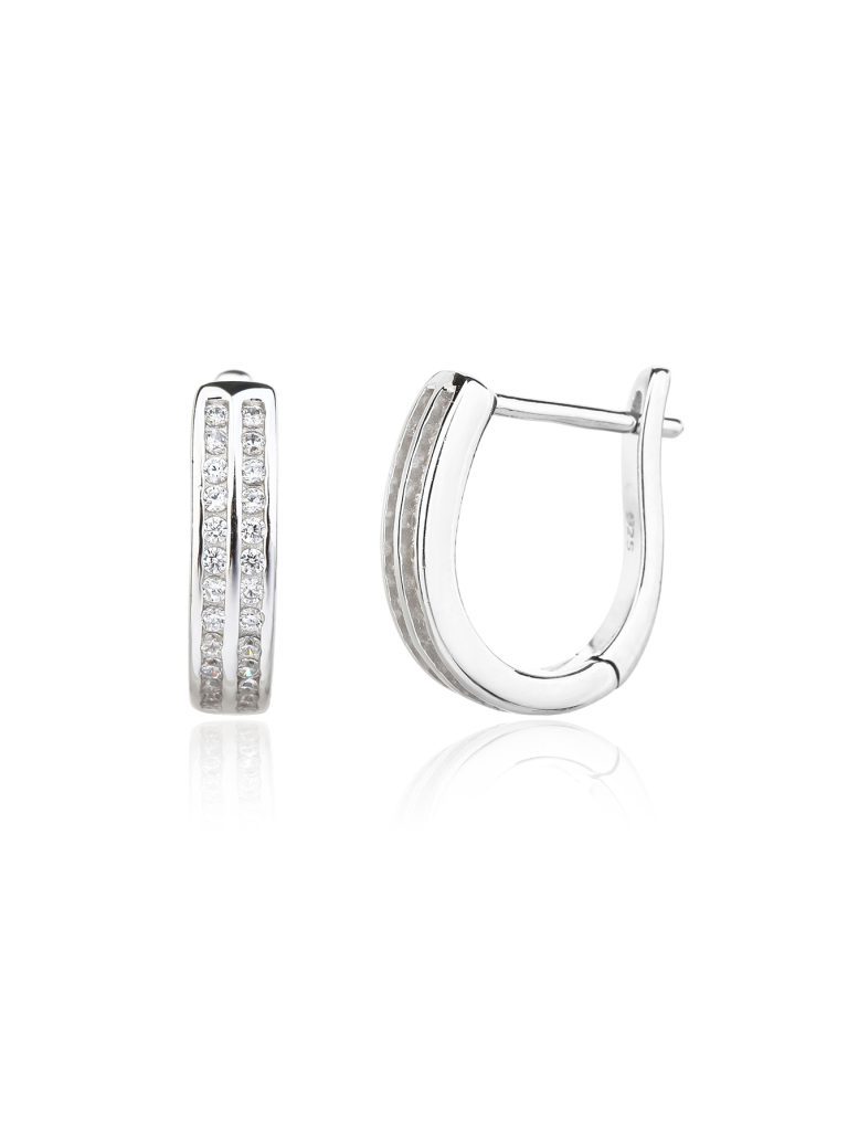 Double-row white stone French-clasp earrings with clean lines,