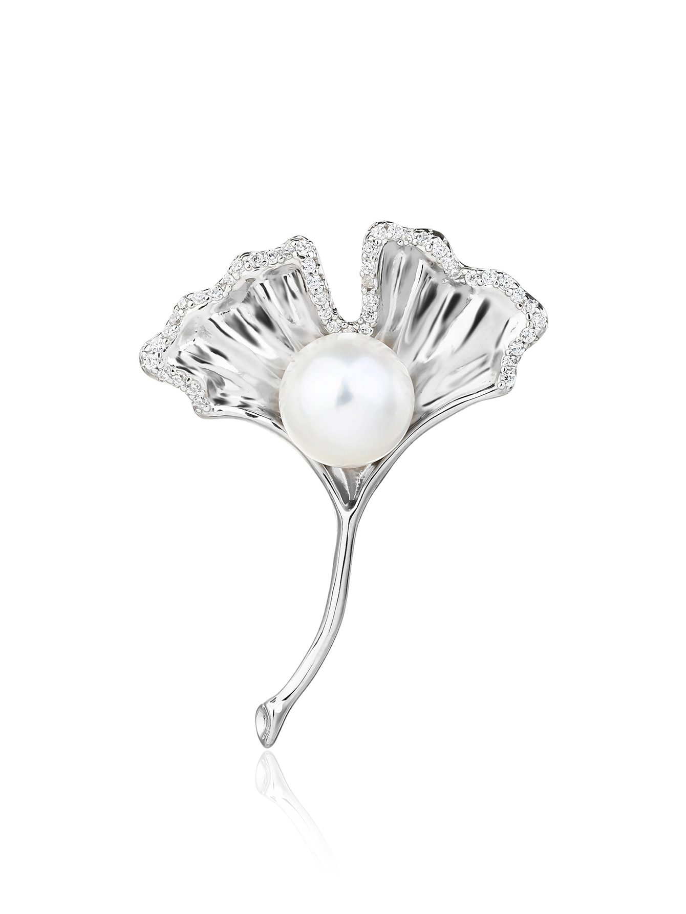 Elegante Brosche in Blattform, mit Perlen und Zirkonia-Steinen 3