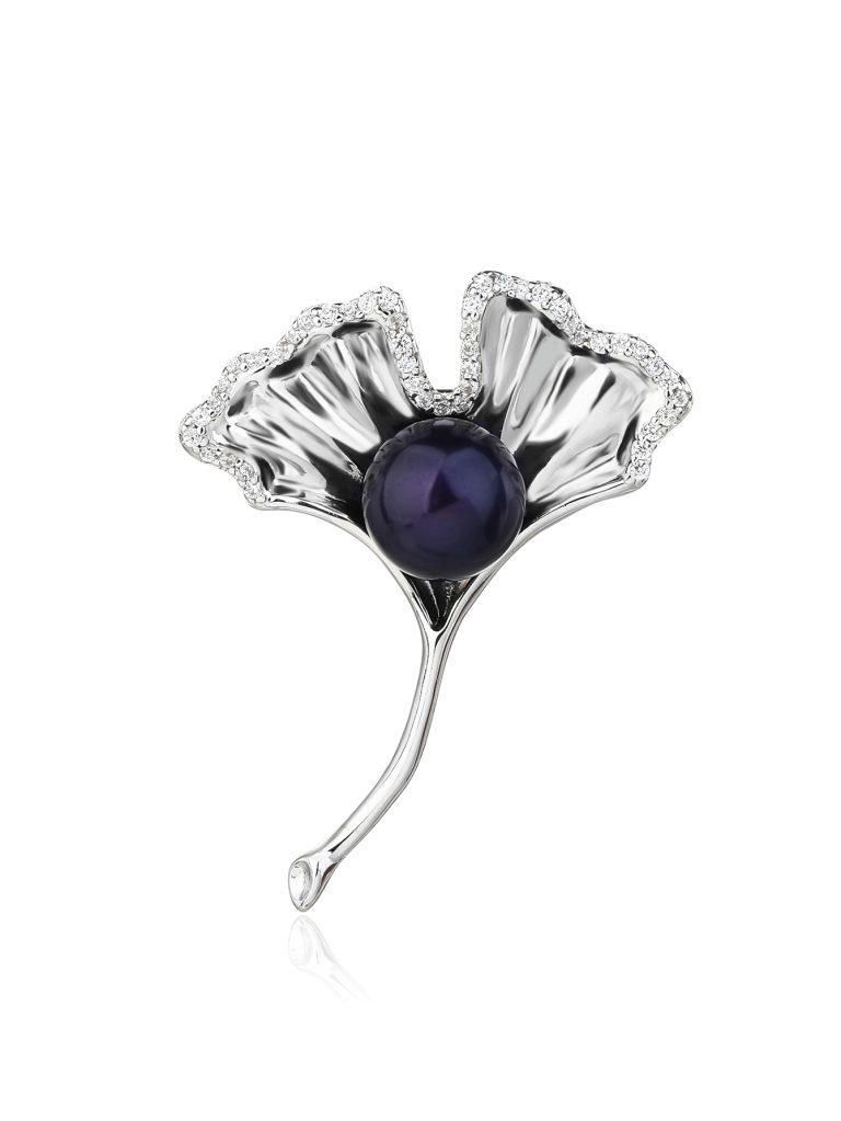 Ginkgo Biloba brooch with black freshwater cultured pearls and white stones, AG 925 rhodium-plated silver (3.4 × 2.5 cm)