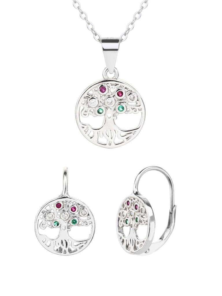 „Nationales Licht“ – Set aus Trikolor-Lebensbaum-Anhänger und Ohrringen, 925er Silber, rhodiniert