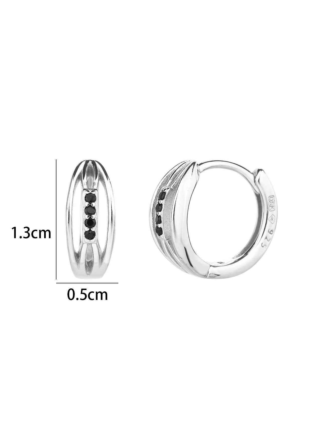 Black stone-studded hoop earrings with a band design and a textured pattern 2