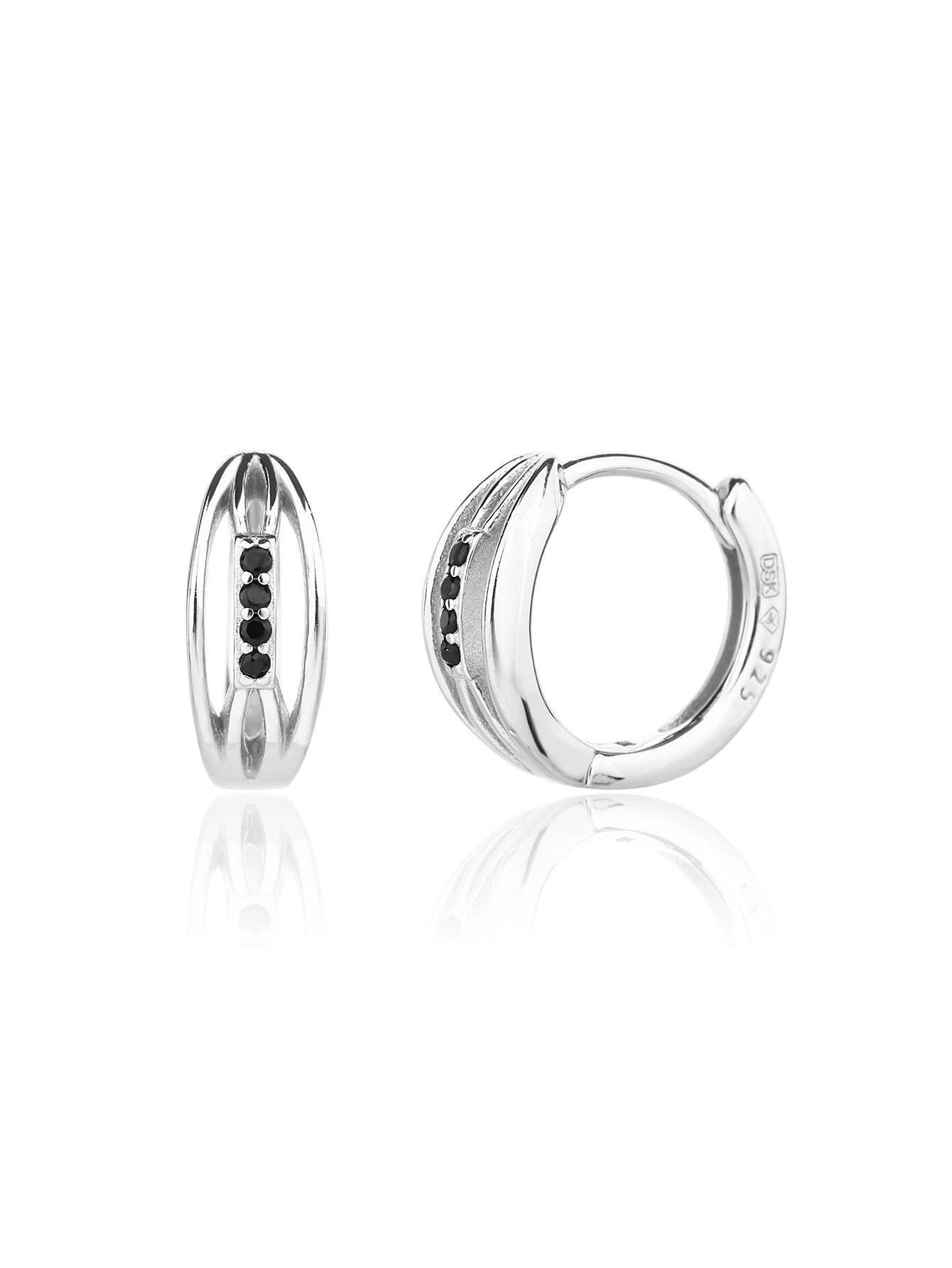 Black stone hoop earrings with a band design and a textured pattern 3