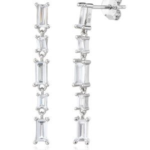 Geometric baguette-cut stone drop earrings with a plug-in design, AG 925 rhodium-plated silver