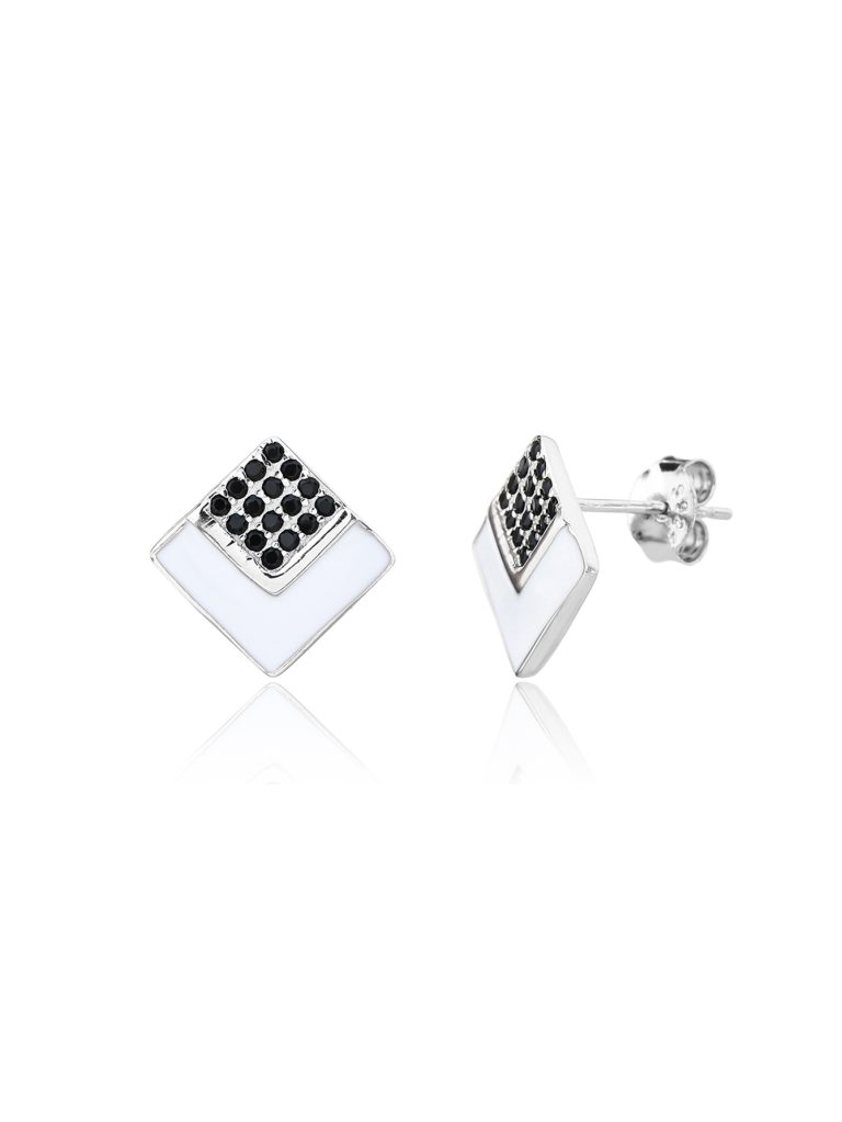 Silver square earrings with white enamel and black stones