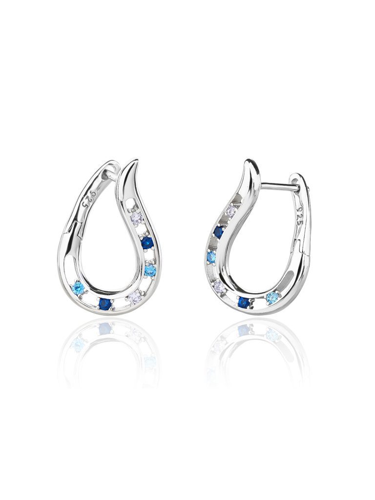 Wavy blue-and-white stone silver earrings with rhodium plating