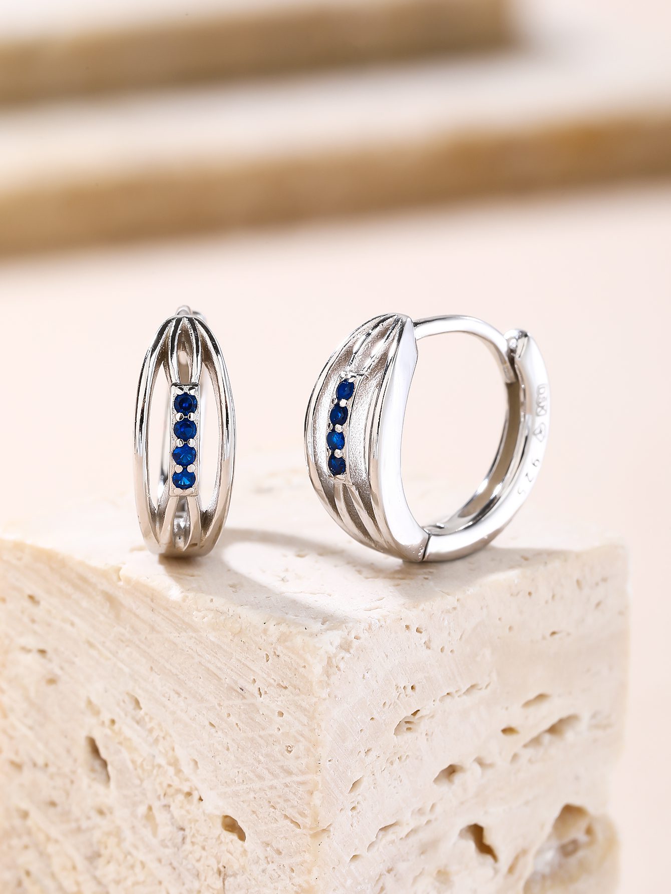 Hoop Earrings with Blue Stone Accents 5
