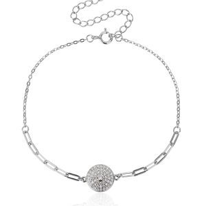 Circular pendant bracelet with cubic zirconia stones, featuring an elongated-link chain, made of rhodium-plated AG 925 silver (17 + 6 cm)