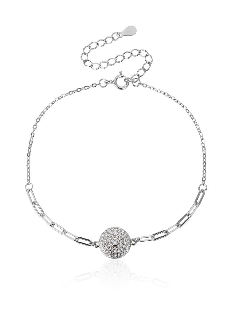 Armband mit kreisförmigem Anhänger und Zirkonia-Steinen, mit länglichen Gliedern, aus rhodiniertem 925er Silber (17 + 6 cm)