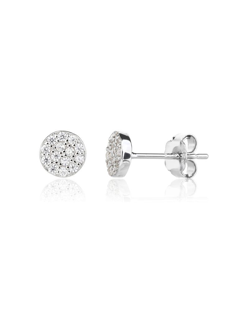 Circular silver earrings with multiple gemstones and a clip-on fastener