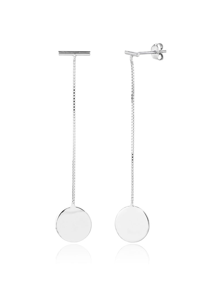 Earrings with a logo and a chain, featuring a round, shiny circle design, AG 925 rhodium-plated silver (6.2 × 1.2 cm)