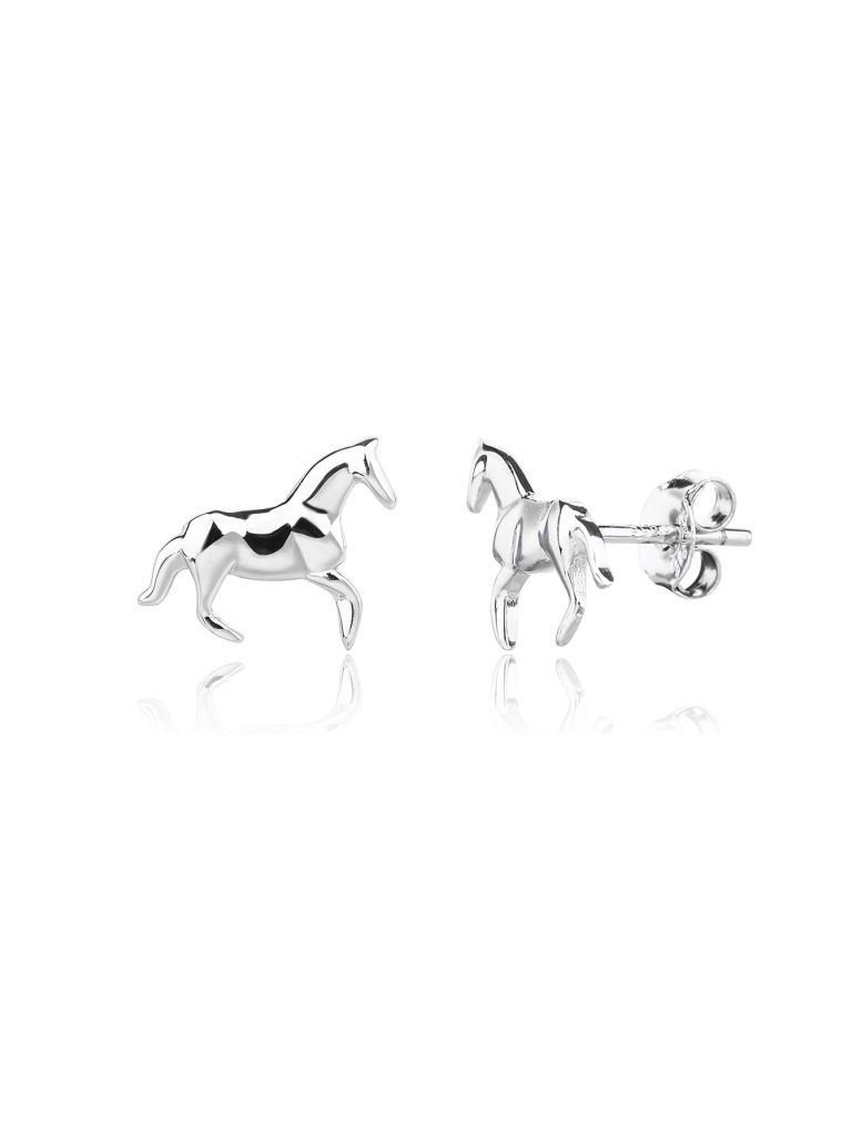 Silver horse-shaped stud earrings with animal motifs,