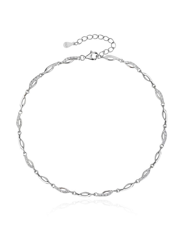 Navett wave-patterned zirconia anklet, AG 925 rhodium-plated silver (23.5 + 4.5 cm)