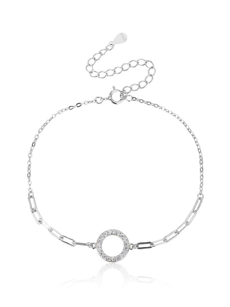 Bracelet with a sparkling circle motif featuring cubic zirconia stones, with an elongated-link chain, made of rhodium-plated 925 sterling silver (17 + 6 cm)