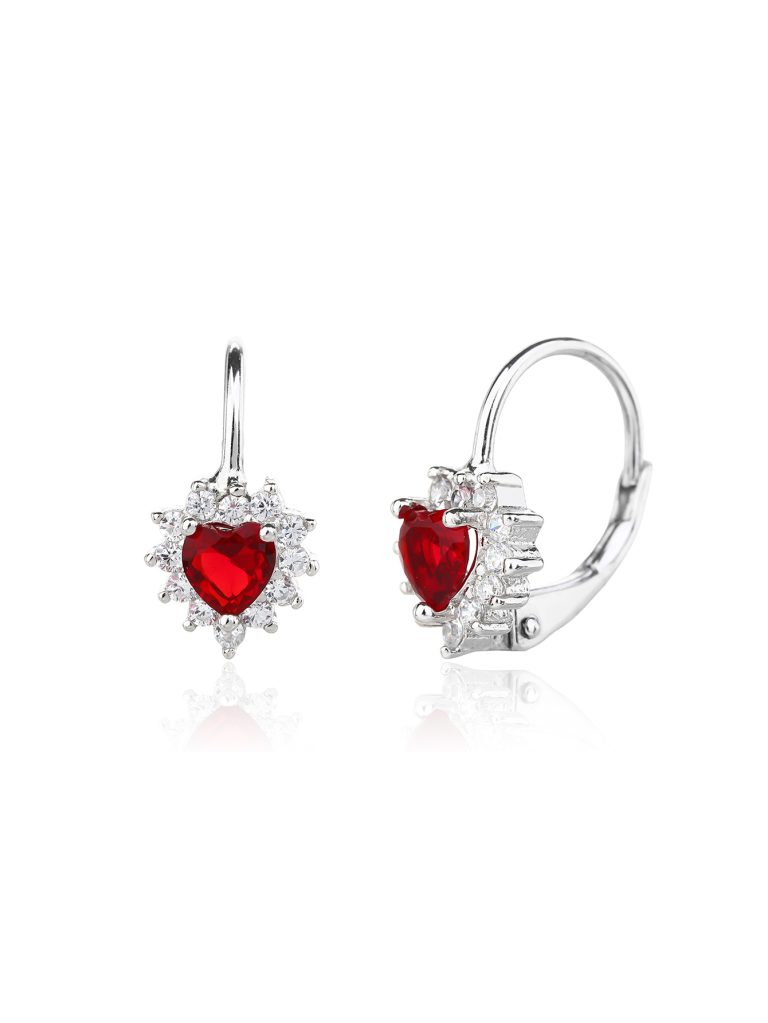 Heart-shaped earrings with red stones and zirconia accents, featuring a clasp, made of AG 925 rhodium-plated silver (1.3 × 0.7 cm)