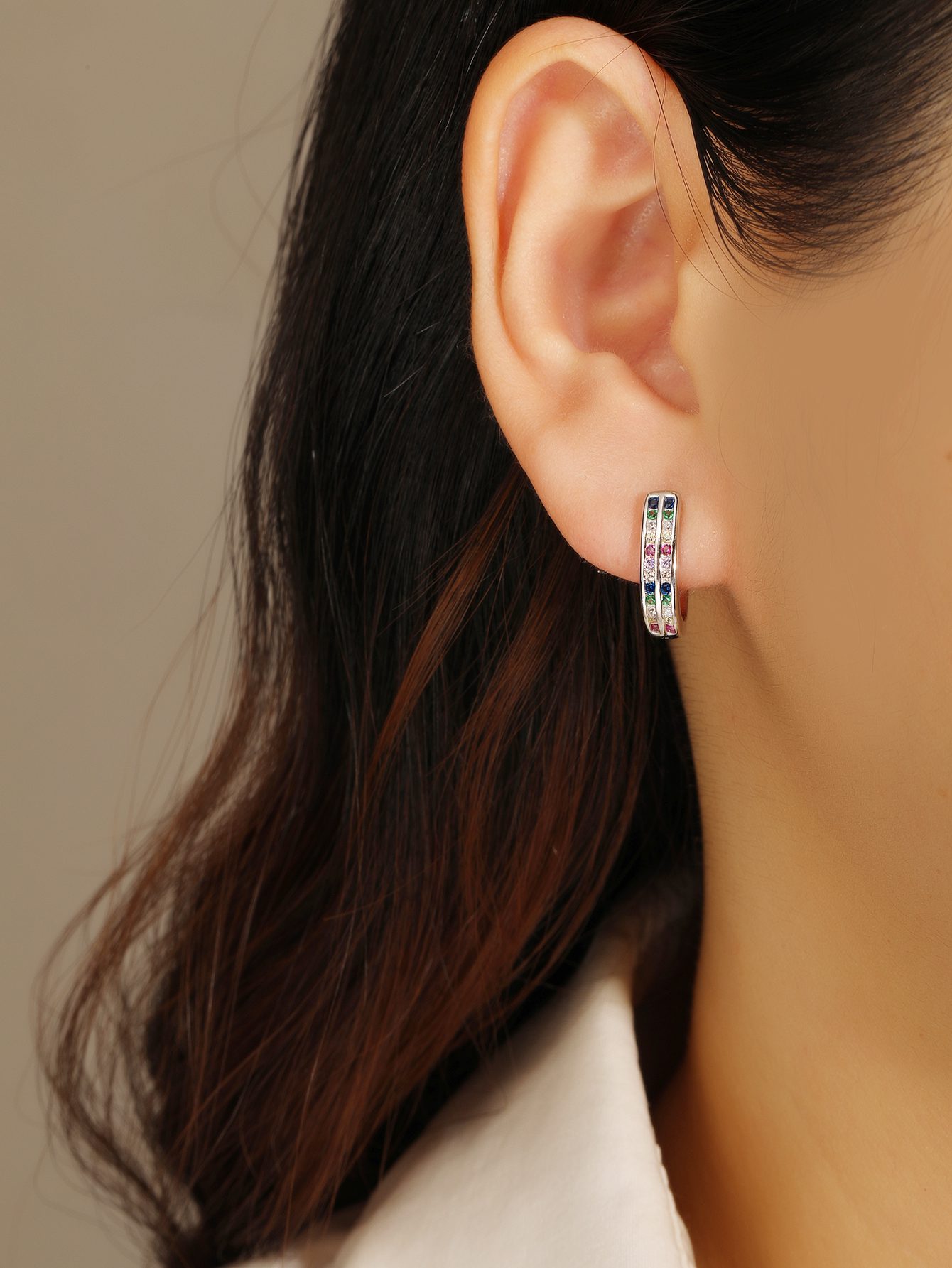 Rainbow Zirconia Double-Band Hoop Earrings 1