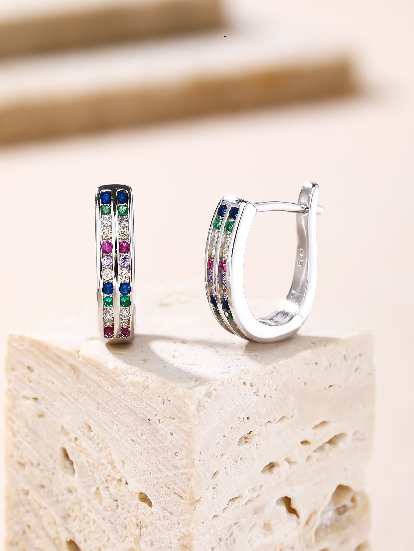 Rainbow Zirconia Double-Band Hoop Earrings 5