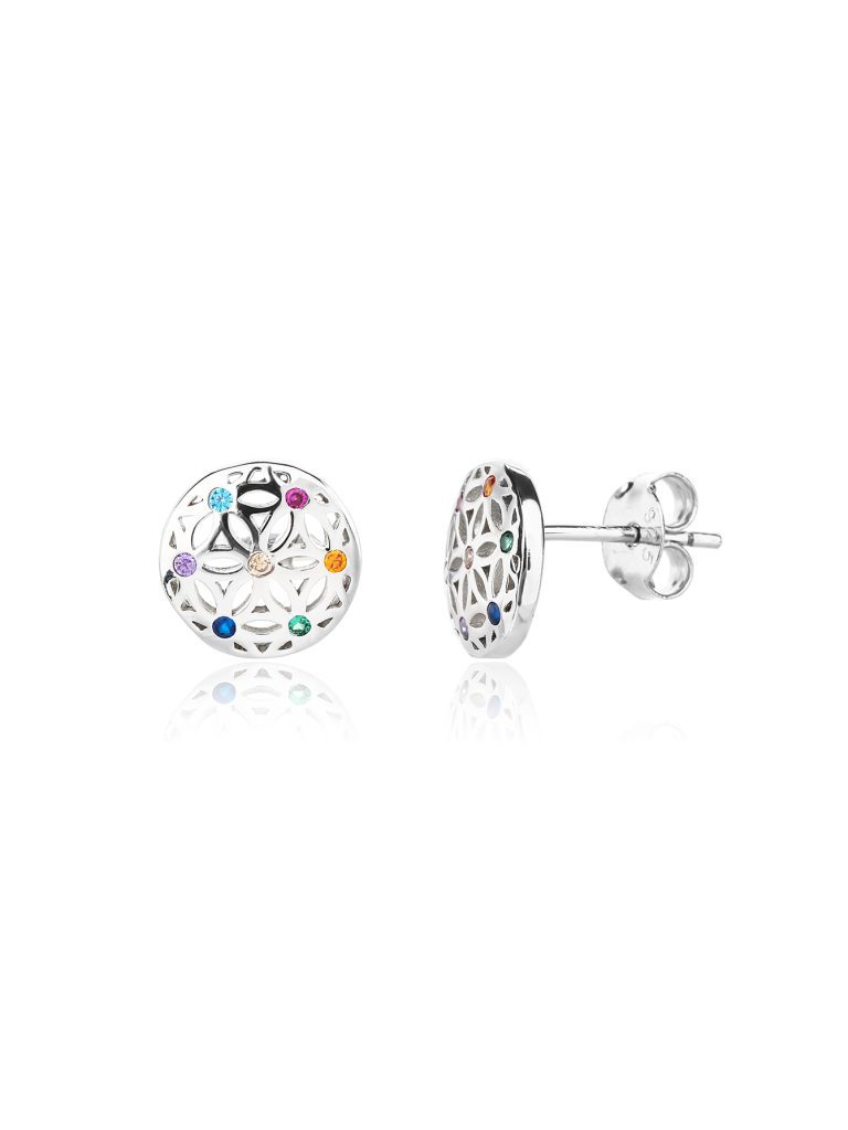 "Flower of Life" stud earrings featuring the colors of the chakras, AG 925 rhodium-plated silver (0.9 × 0.9 cm)