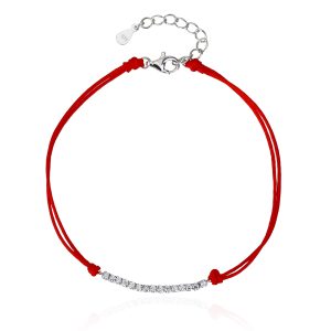 Piros fonalas védelmi órakísérő karkötő cirkónia köves díszítéssel, AG 925 ródiumozott ezüst (17 + 4 cm)