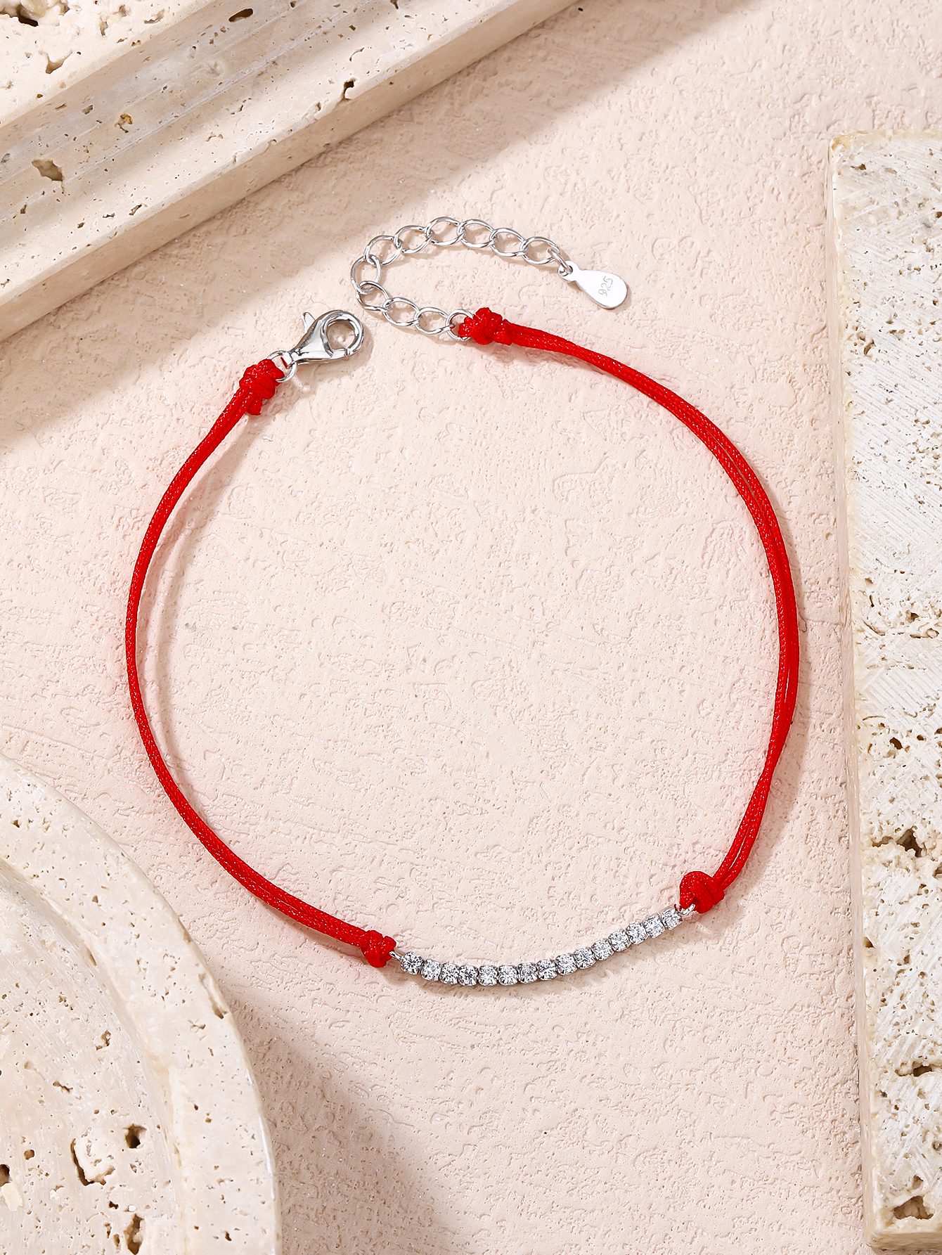 Red string bracelet to wear with a watch, decorated with cubic zirconia stones 5