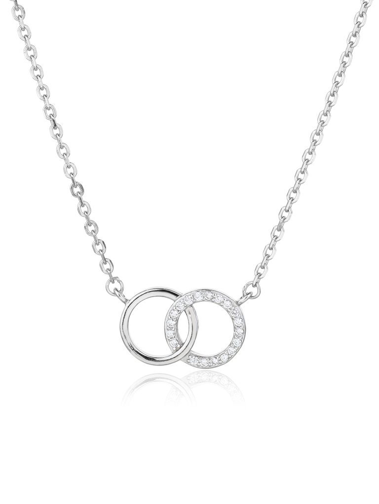 Halskette mit doppeltem Ring-Anhänger, mit Zirkonia-Steinen, rhodiniertes 925er Silber (40+5 cm)