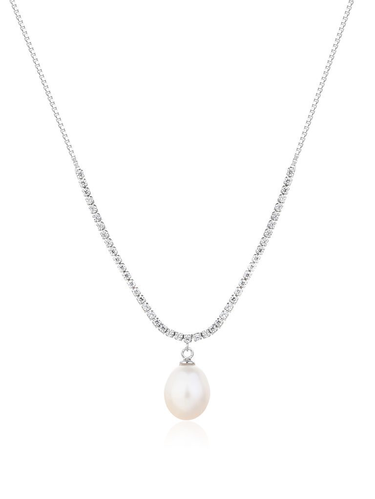 Pearl Necklace with Pendant, Featuring Zirconia Stones, AG 925 Rhodium-Plated Silver (40+5 cm)