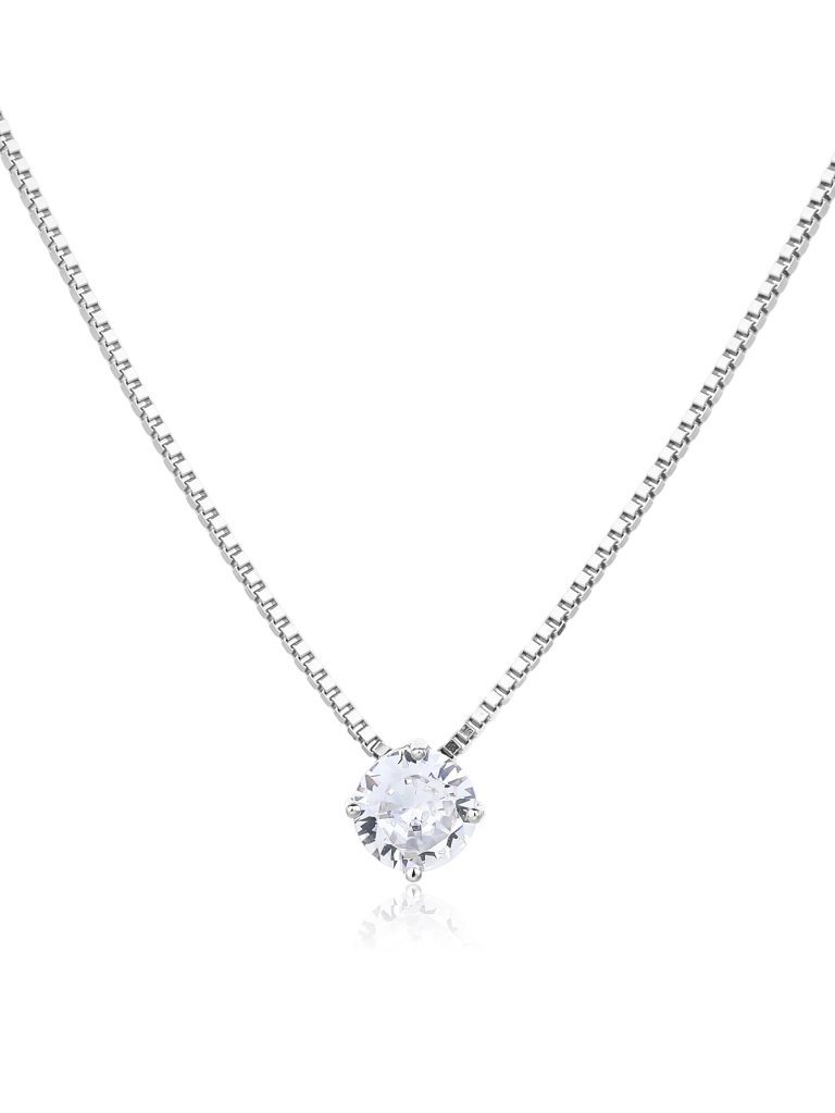 Necklace with a round clasp and pendant featuring a cubic zirconia stone, AG 925 rhodium-plated silver (45+4 cm)