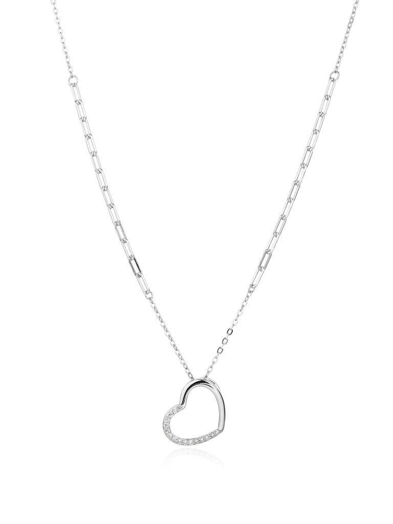 Heart-shaped pendant necklace with cubic zirconia stones, AG 925 rhodium-plated silver (41+6 cm)