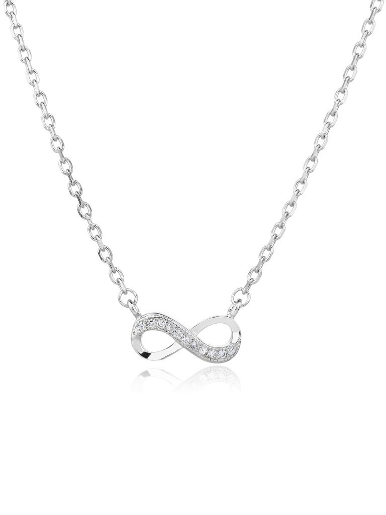 Halskette mit „Unendlichkeitszeichen“-Anhänger, mit Zirkonia-Steinen, aus rhodiniertem 925er Silber (40+6 cm)