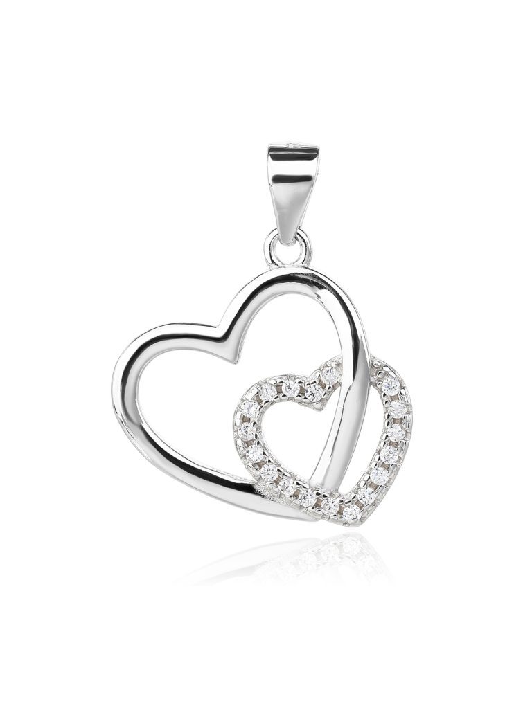 Double-Heart Pendant with Zirconia Stones, AG 925 Rhodium-Plated Silver