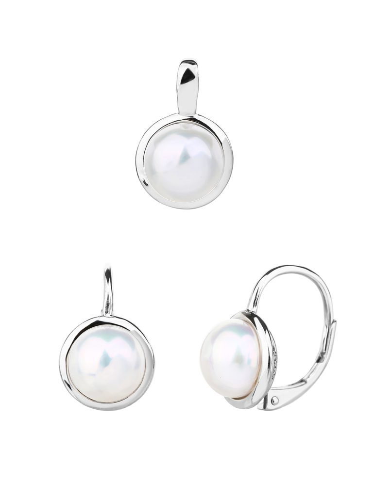 Süßwasserperlen-Schmuckset im Knopfstil, rhodiniertes 925er Silber – ohne Kette