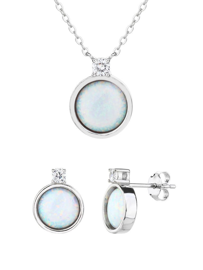 Light blue opal jewelry set with a chain and stud earrings, AG 925 rhodium-plated silver