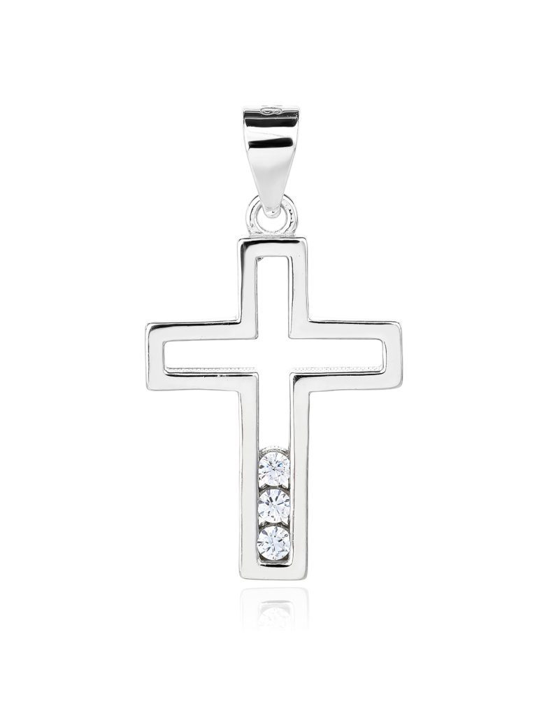 Kreuzanhänger mit weißen Zirkonia-Steinen, rhodiniertes 925er Silber