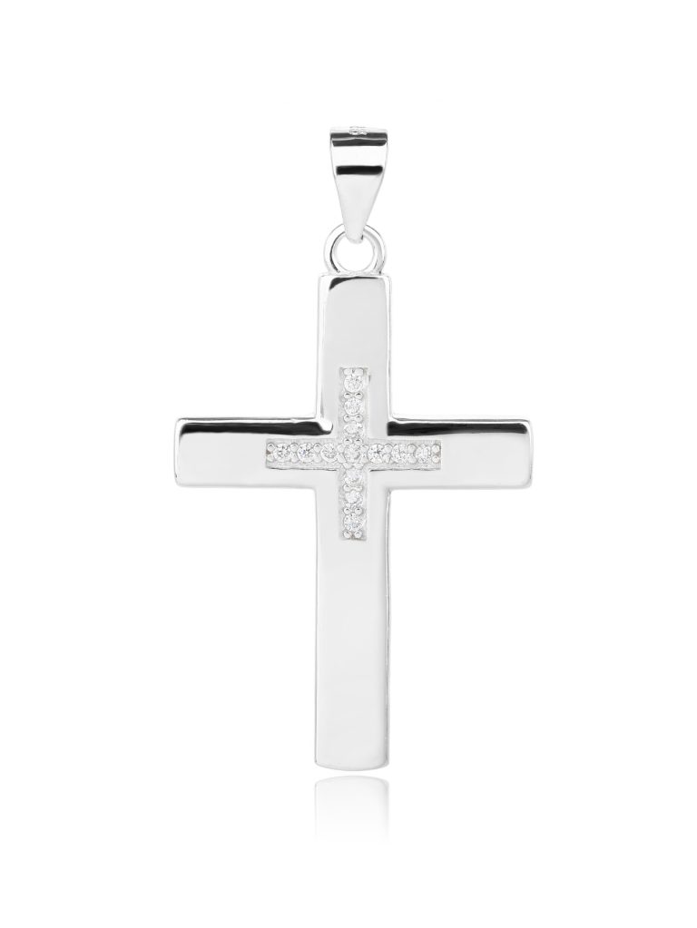 Cross-on-Cross Pendant with Zirconia Stones, AG 925 Rhodium-Plated Silver