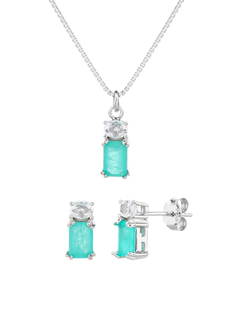 Mint green jewelry set with stud earrings and a pendant necklace, AG 925 rhodium-plated silver