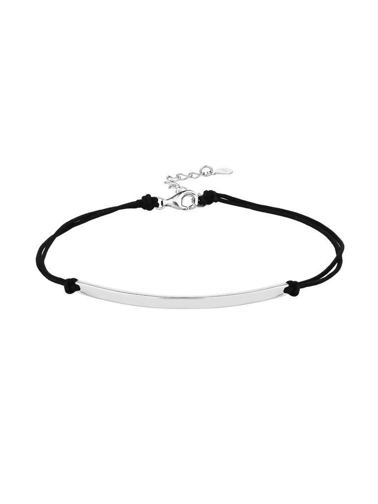 Watch-matching bracelet with an engravable silver charm and a black cord, AG 925 rhodium-plated silver (17.5+4 cm)