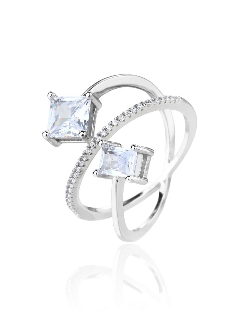 Designer White Zirconia Two-Piece Open Silver Ring