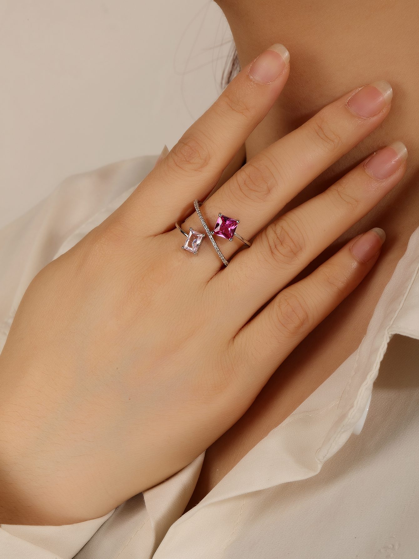 Designer Kétrészes Pink Cirkóniás Nyitott Ezüst Gyűrű 2