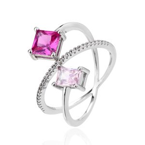 Designer Kétrészes Pink Cirkóniás Nyitott Ezüst Gyűrű