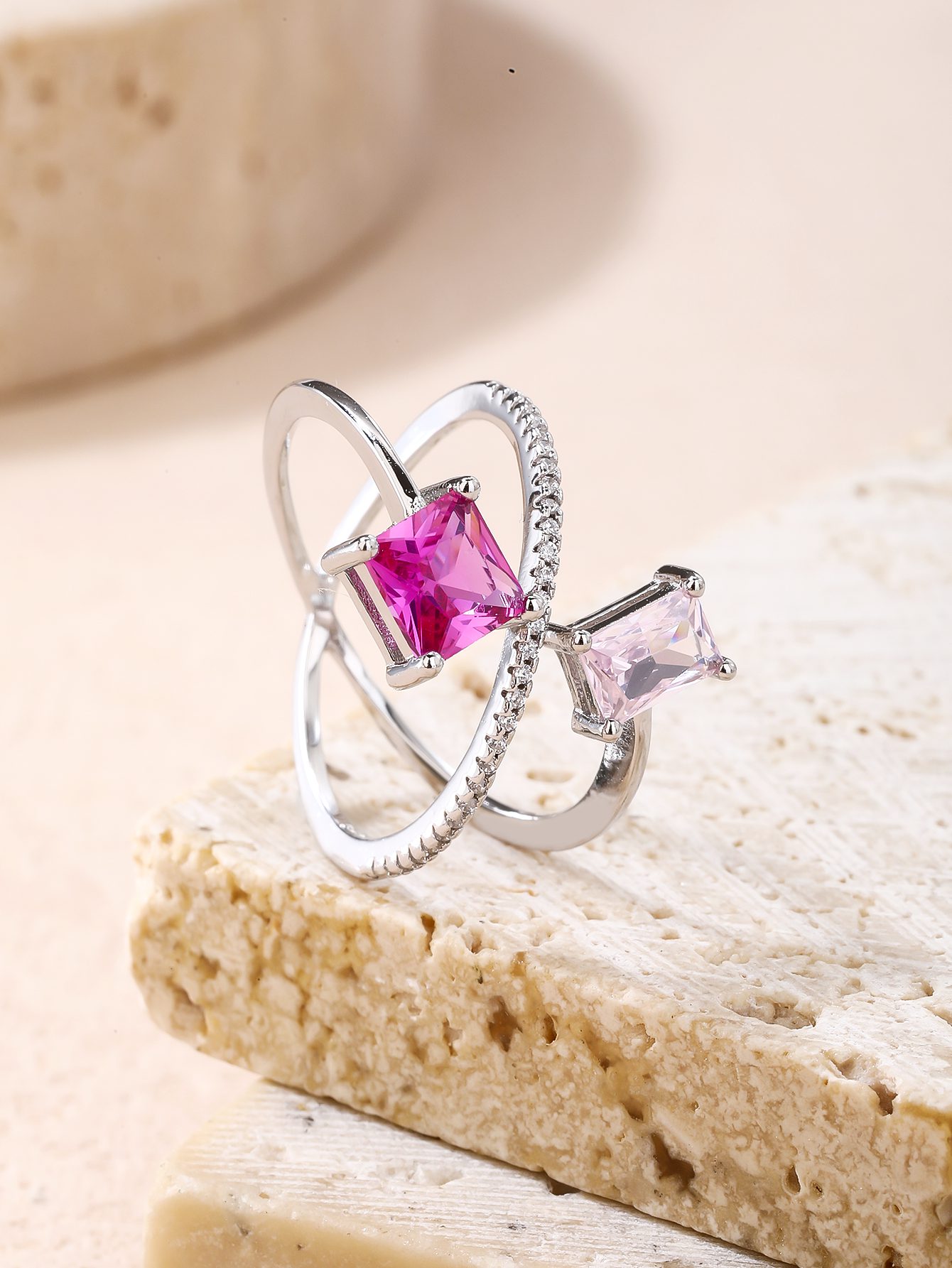 Designer Kétrészes Pink Cirkóniás Nyitott Ezüst Gyűrű 5