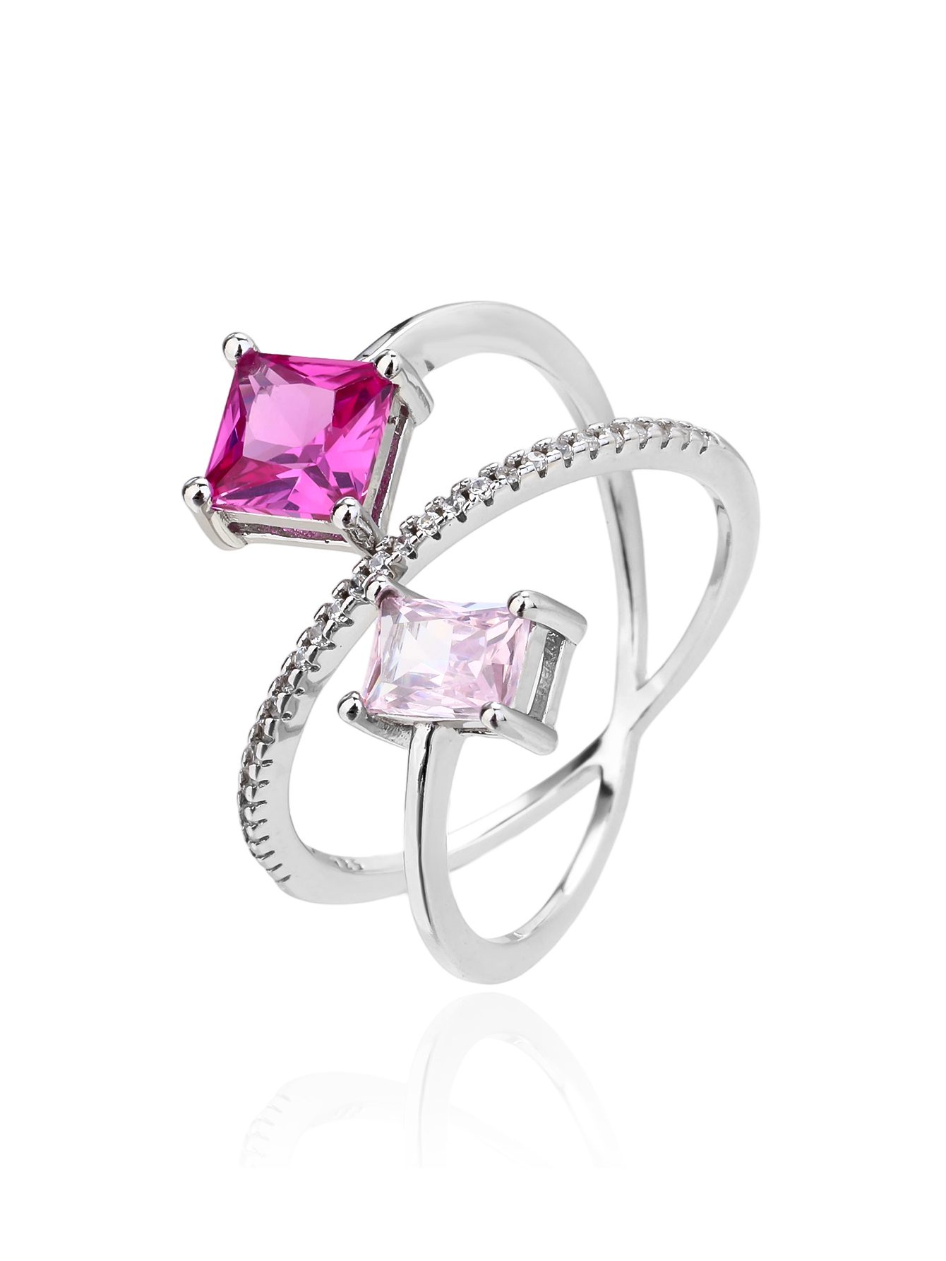 Designer Kétrészes Pink Cirkóniás Nyitott Ezüst Gyűrű
