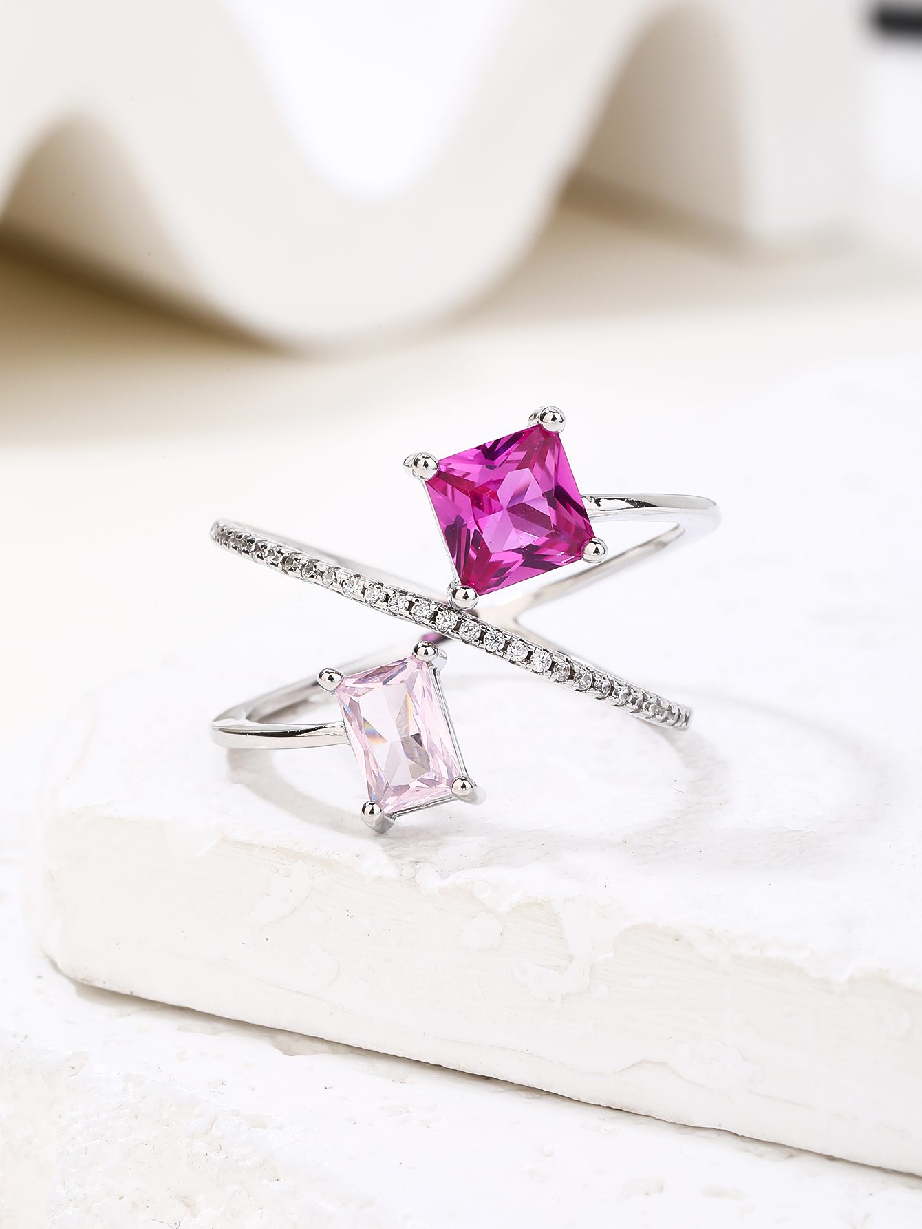 Designer Kétrészes Pink Cirkóniás Nyitott Ezüst Gyűrű4