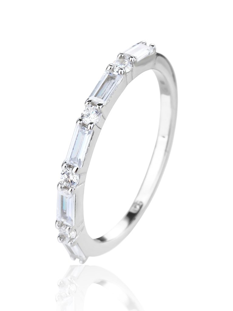 Silver Ring with White Zirconia Baguette Stones, AG 925, Rhodium-Plated