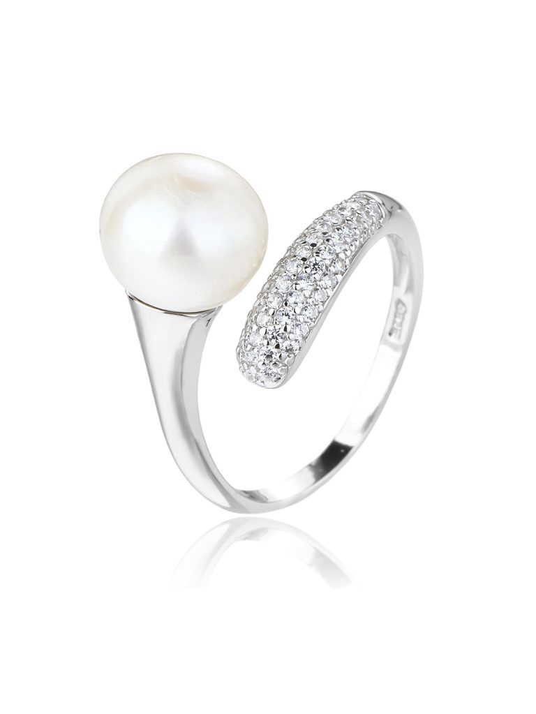 White Freshwater Cultured Pearl Silver Designer Ring with Zirconia