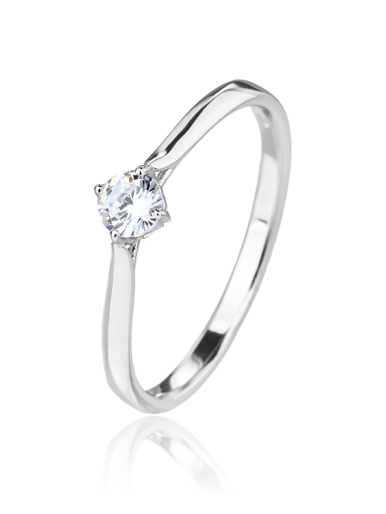 White, round-cut zirconia solitaire ring made of rhodium-plated 925 sterling silver