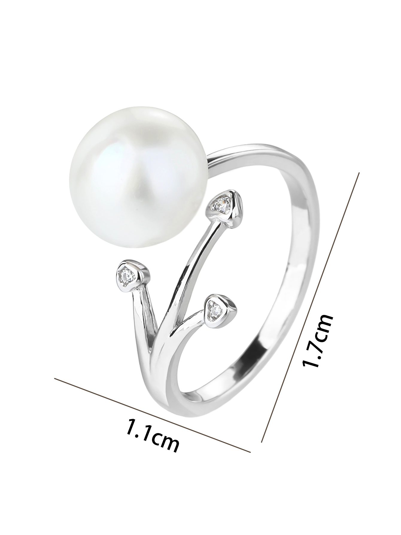 Ring mit weißer Zuchtperle aus Süßwasser und Zirkonia im Zweigmuster, 3