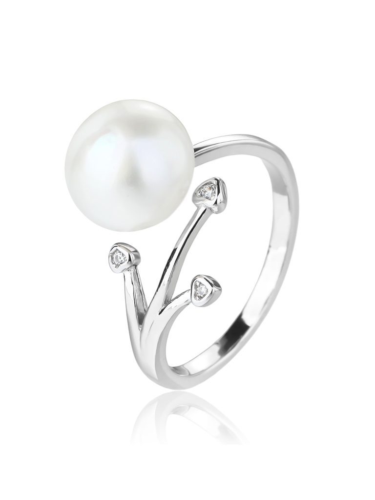White cultured freshwater pearl and zirconia branch-pattern ring made of rhodium-plated 925 sterling silver